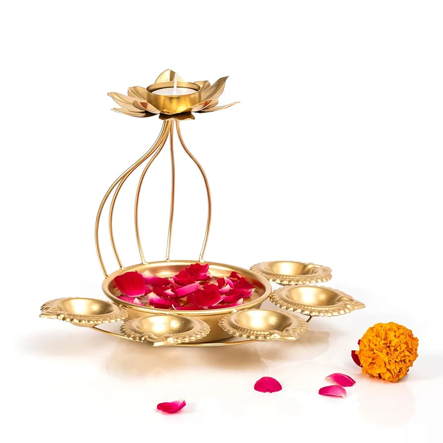 CraftVatika Metal Lotus Tealight Candle Holder for Diwali Decoration Items with Base of Urli Bowl and Diya - Gold , Diwali Gift Items