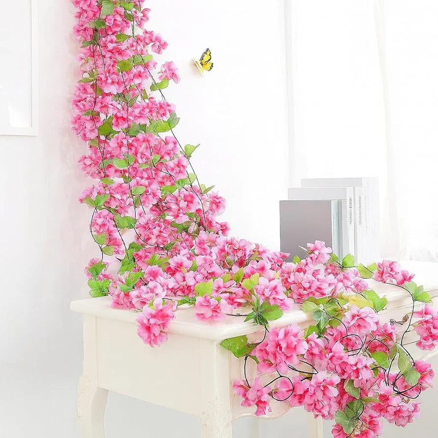 SATYAM KRAFT 1 Lines Artificial Cherry Blossom Rattan Flowers Vine | Hanging Garland for Home, Office, Mandir & Pooja Room | Diwali, Deepawali, Navratri & Wedding Festival Decoration 