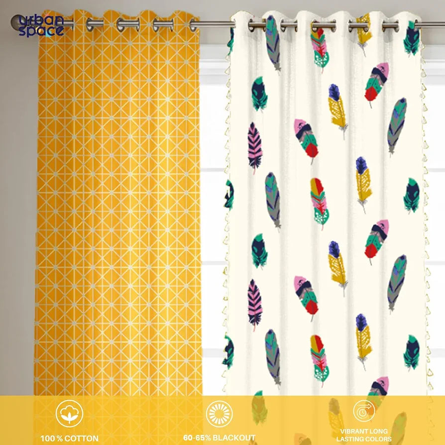 Urban Space 100% Cotton Curtains for Door, Combo Set of 3 Curtains 7 feet Long, 60-65% Room Darkening Curtain, Tieback & Eyelets Included with Curtains for Home Decor 