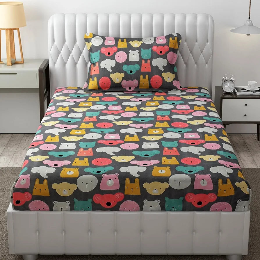 FRESH FROM LOOM Glace Cotton Wrinkle Free Soft Hypoallergenic Bed Sheet | Cartoon Printed Single Bedsheet With One Pillow Cover For Kids , 144 tc
