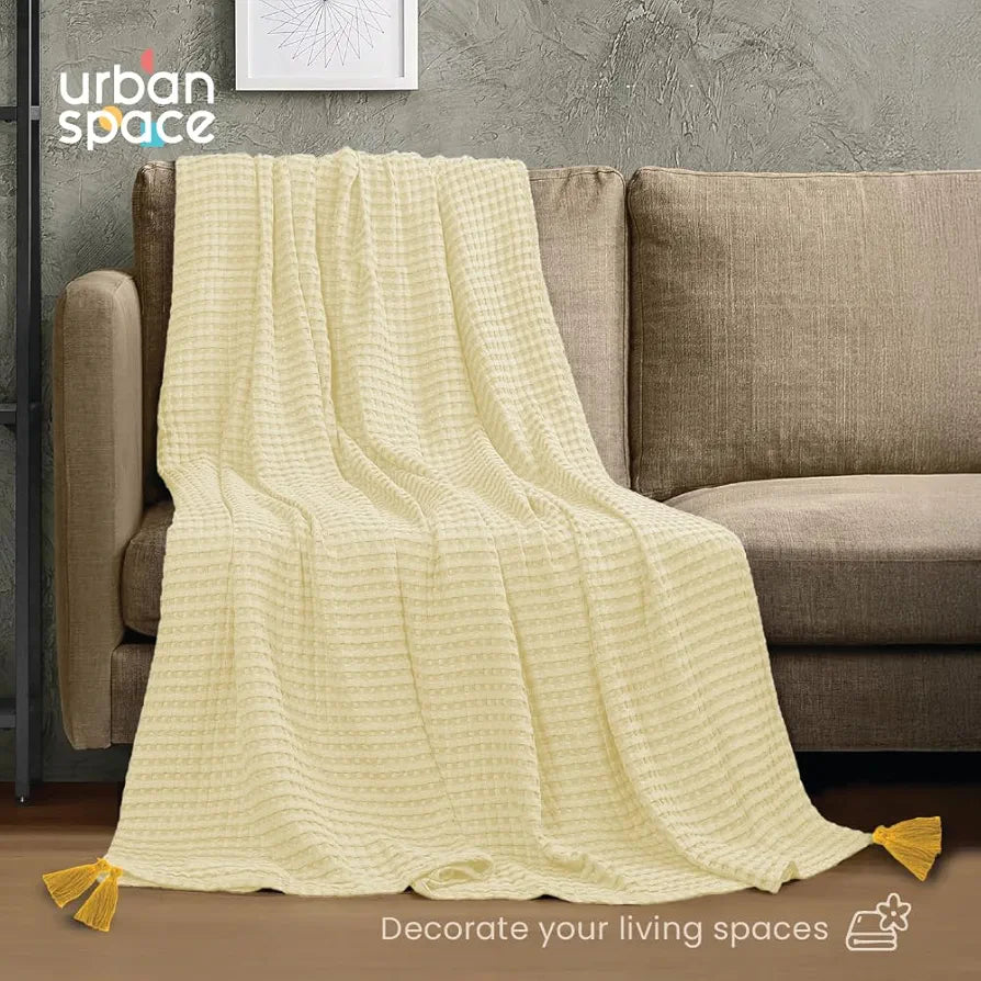 Urban Space 100% Cotton Waffle Throw Blanket, Soft Decorative Throw for Living Room, Sofa, Chair and Couch, Handmade,Reversible and Breathable Throw with Tassels -200 TC