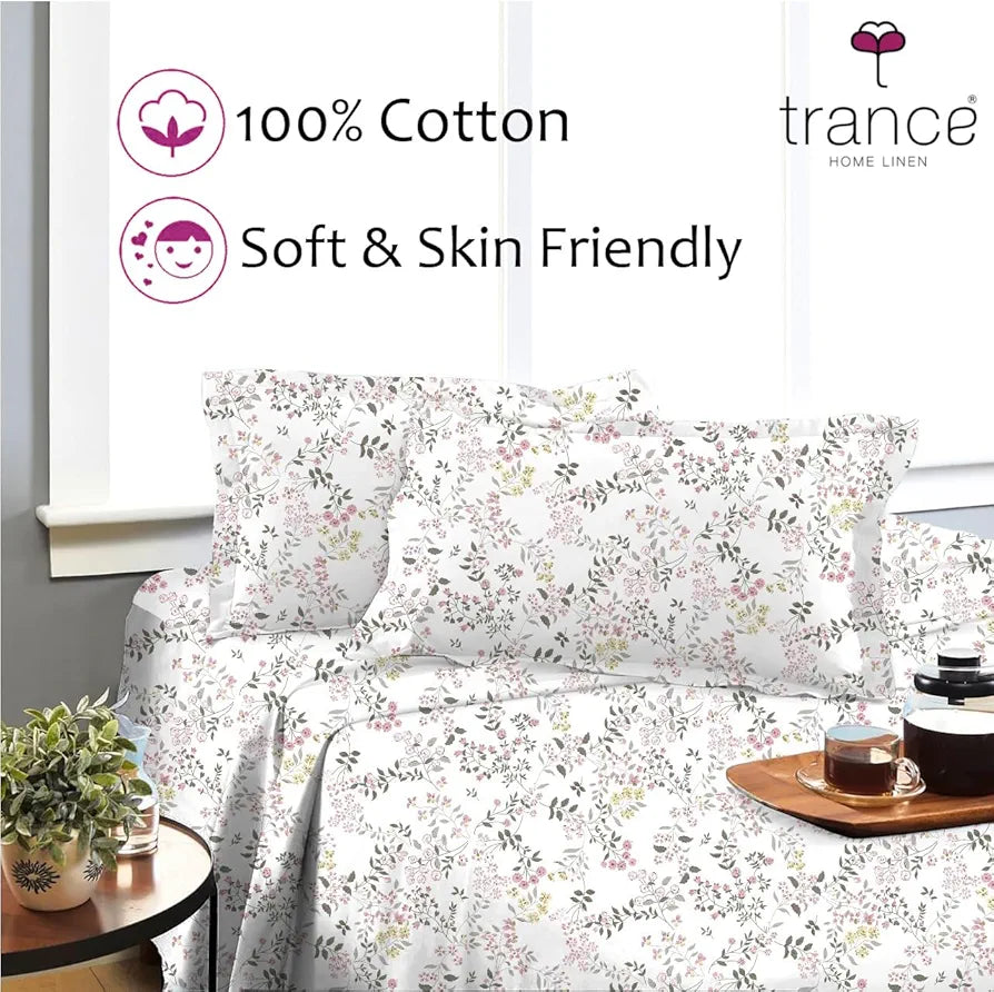 Trance Home Linen Skin Friendly 100% Cotton Printed Fitted Bedsheet for Queen Size Bed with 2 Pillow Cover - Premium 180TC 