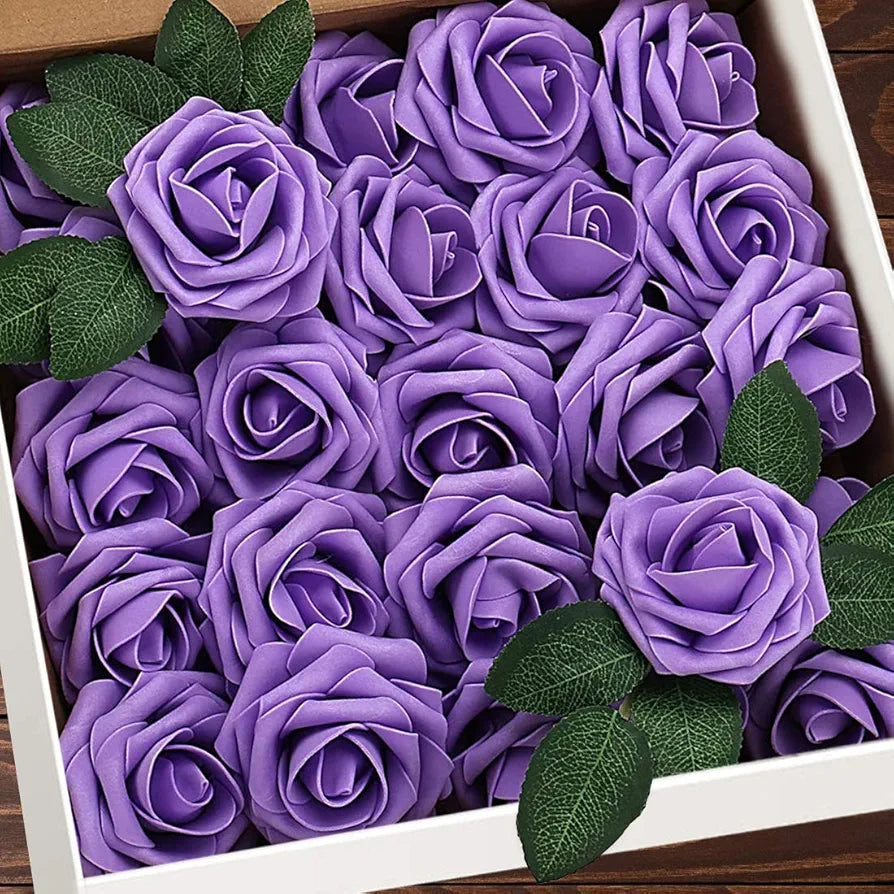 Higfra Artificial Flowers Purple Fake Roses Real Looking Foam Roses with Stem for DIY Wedding Bouquets Centerpieces Bridal Shower Party Home Decorations – Purple