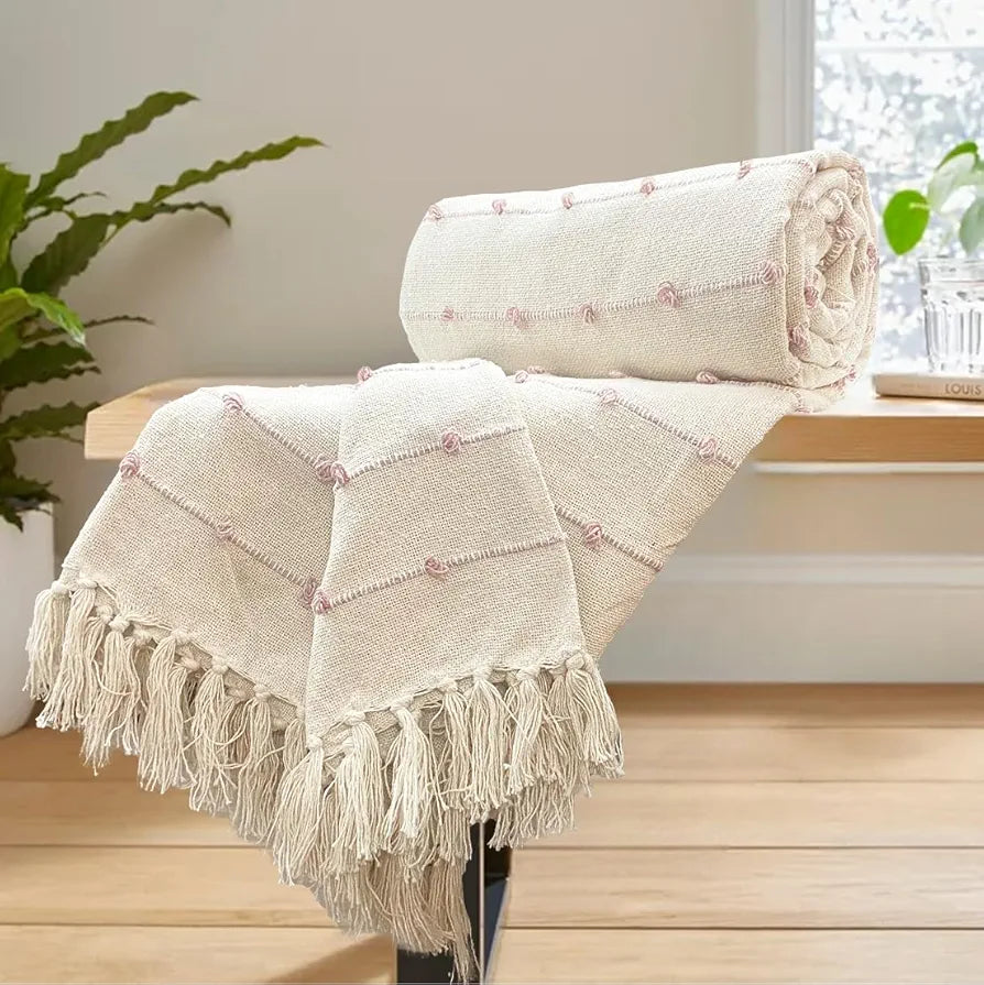 SAJAVAT HOME Hand-Knitted Pure Cotton 3 Seater Sofa Throw | 80x52 Inches/204x132 Cm | Beige & Pink Throw for Sofa, Bed, Chair & Travel - Ideal for All Season | Pack of 1