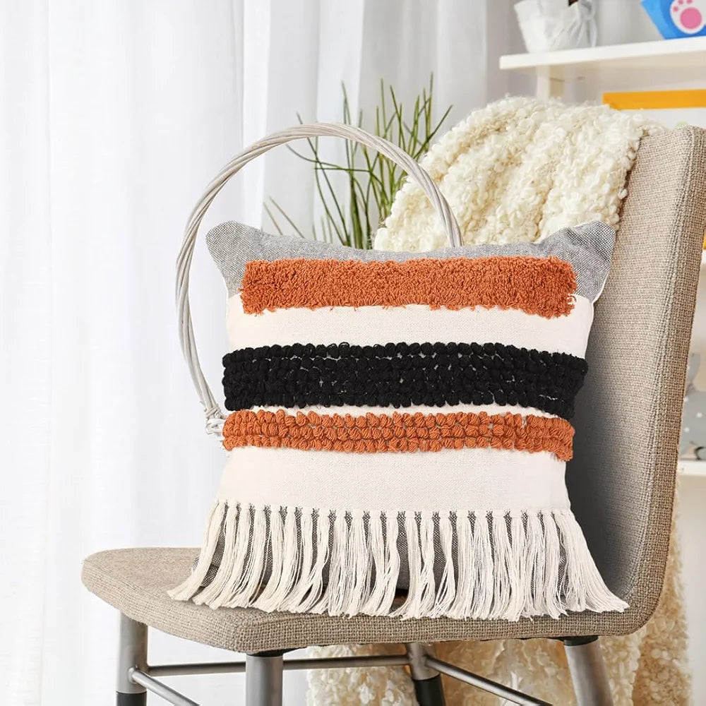 SASHAA WORLD Multi Coloured Taseled and Tufted Cotton Cushion Cover | Decorative Cushion Covers | Pillow Case, Cover | 45X45 Cm