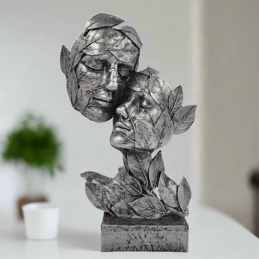 ALILA Silver Leaf Couple Faces Statue Showpiece Idol for Gifting & Home Table Decoration Vastu Lucky, 12.5 Inches Height