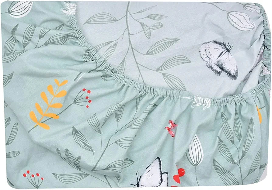 THE HOME STYLE Cotton Feel Glace Cotton Elastic Fitted Printed Double Bed King Size Bedsheet With 2 Pillow Cover,300 TC,Green