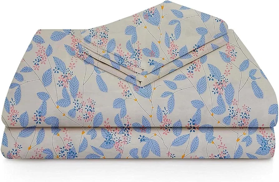 HOMEKART Premium Cotton Elastic Fitted Bedsheets with 2 King Size Pillow Covers Double Bed with All Around Elastic Supersoft Size - 72 x 78 +10 inches Flower Print Off White and Blue 200 tc - 220 tc