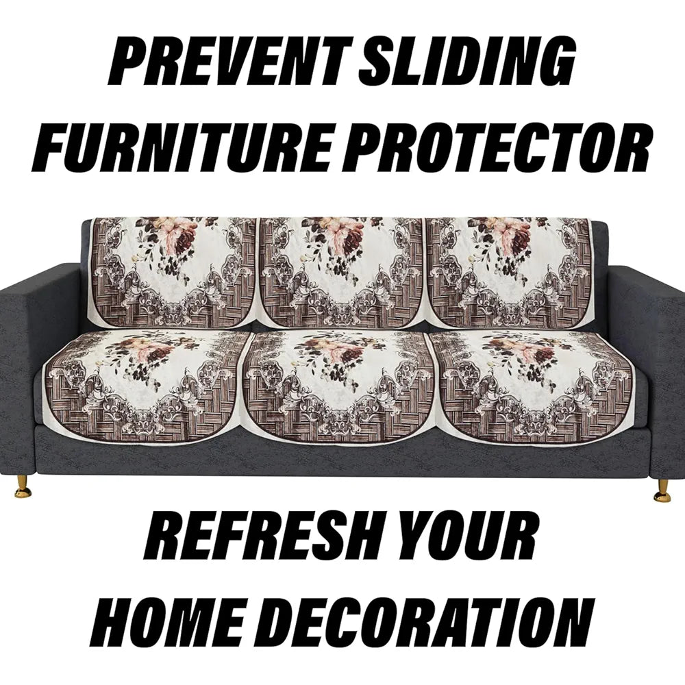 Kuber Industries Velvet Sofa Cover Set | Brown 5 Seater Couch Cover with Check Border Pattern | Living Room Sofa Slipcover