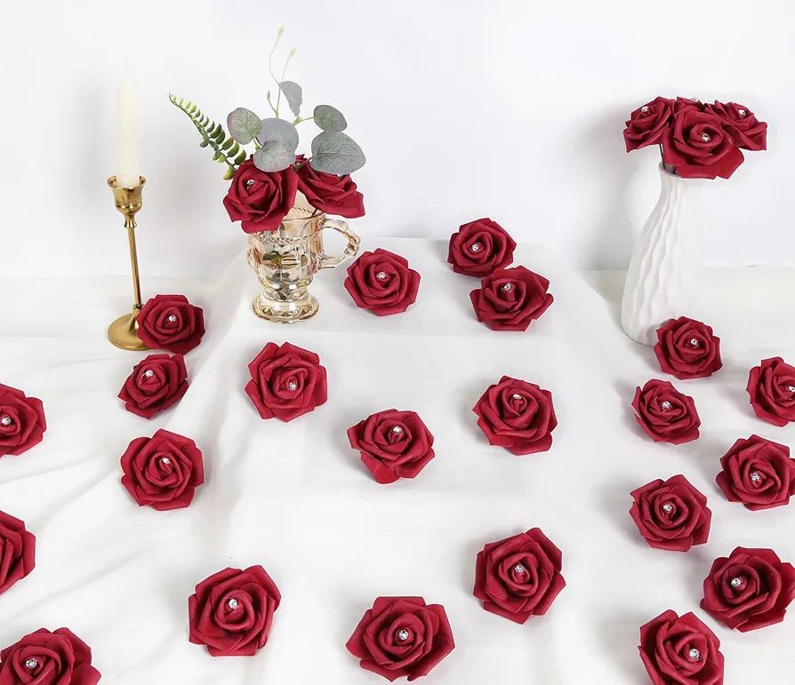 IPOPU 100PCS Burgundy Rose Artificial Flower Heads, 3in Real Looking Stemless Foam Roses Fake Flowers Bulk with Crystal for DIY Craft Wedding Bouquets Arrangements Party Home Decorations