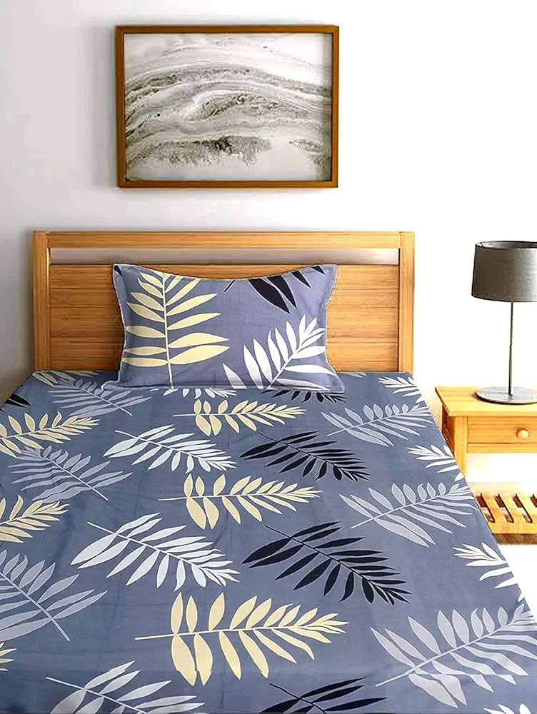 THE HOME STYLE Cotton Feel Glace Cotton Elastic Fitted All Around Printed Full Length Single Bed Bedsheet with 1 Pillow Cover 