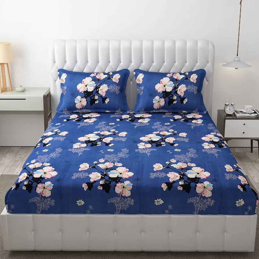 FRESH FROM LOOM Rotary Printed King Size Double Bedsheet-Hypoallergenic,Wrinkle Free Microfiber Bed Sheets With 2 Pillow Covers,144 TC,Blue