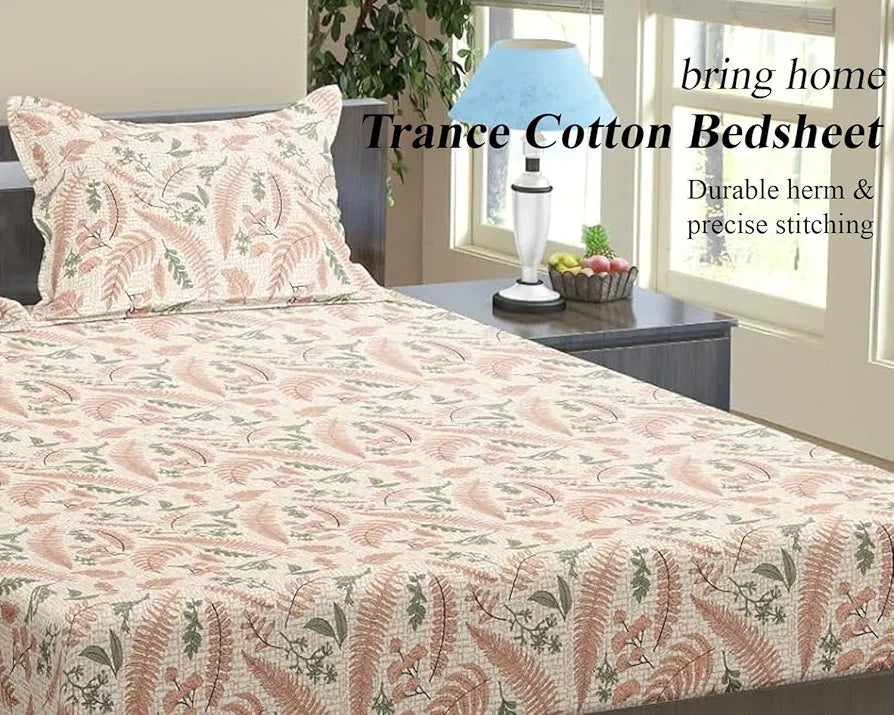 Trance Home Linen 100% Cotton 144Tc Elastic Fitted Bedsheet | Printed Queen Bed Size Elasticated Fitted Bedspread with 2 Pillow Covers 
