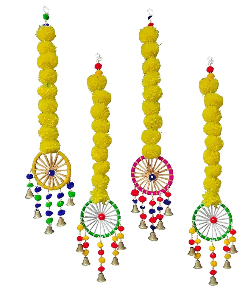 Just Flowers Set of 4 Artificial Marigold Flowers Wall Door Hanging Latkan Toran with Pom Pom Bells for Home Wedding Stage Backdrop Decoration 