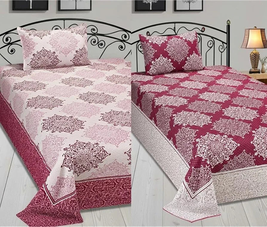 Fresh From Loom Reversible Cotton Bed Sheet Set - Single Bedsheet, Hypoallergenic, Wrinkle Free 300 TC Bedsheet with 1 Pillow Covers 