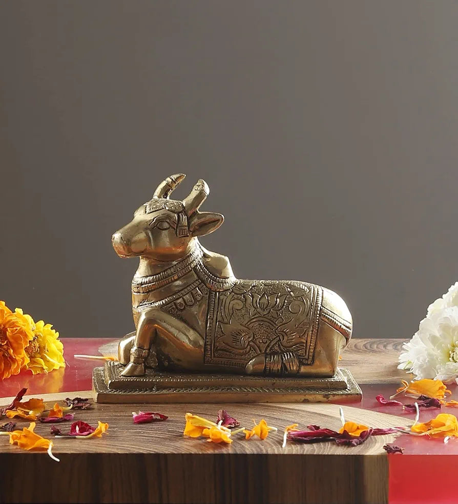 Two Moustaches Lotus Engraved 5 Inches Brass Nandi Cow Over Base, Brass Nandi Idol, Statue for Home/Temple, Nandi Bull Statue, Standard, Pack of 1