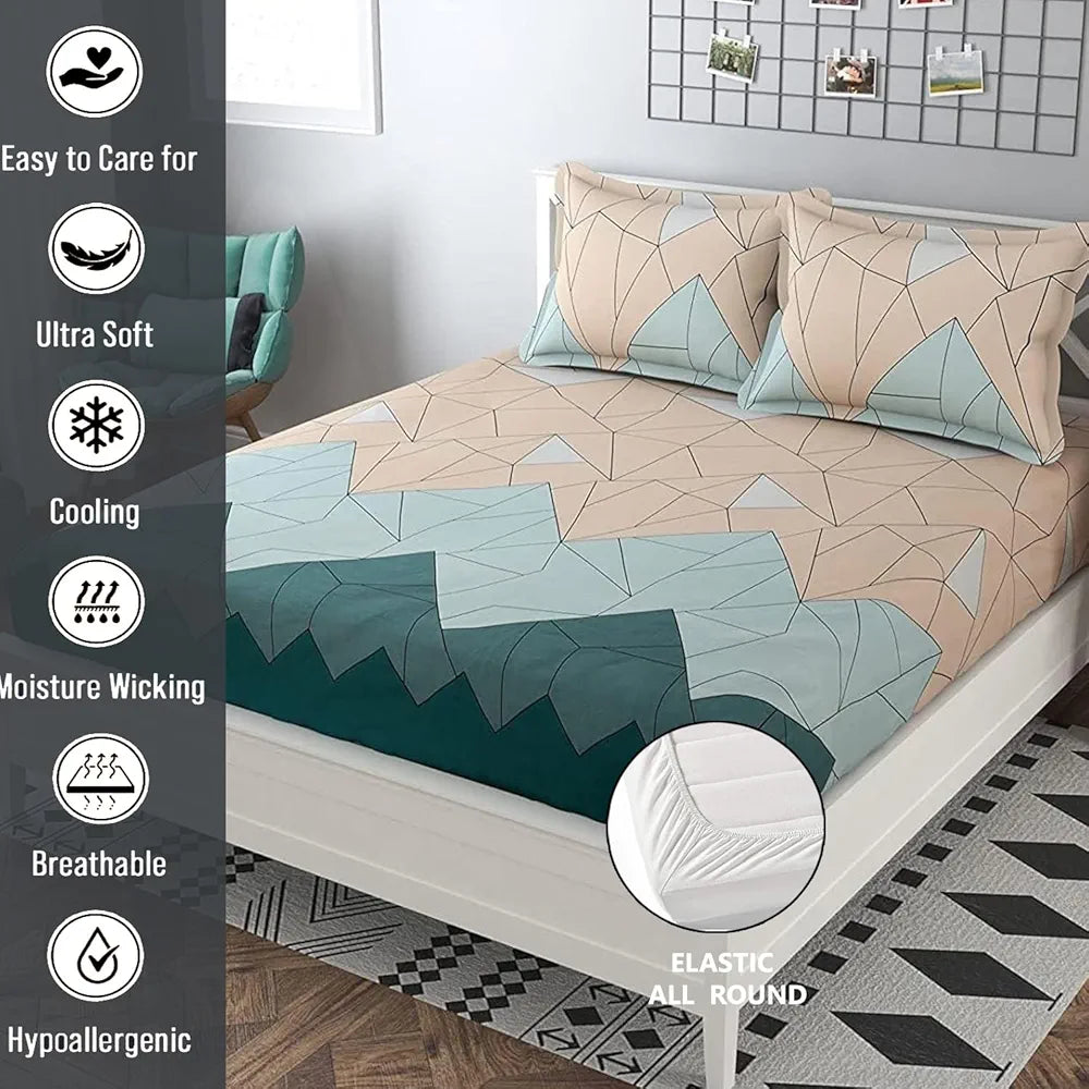 FRESH FROM LOOM Soft Microfiber Fitted Floral Bedsheet King Size Bed With Two Pillow Cover,Elastic Fitted Bed Sheets,Hypoallergenic,Beige Green),144 Tc