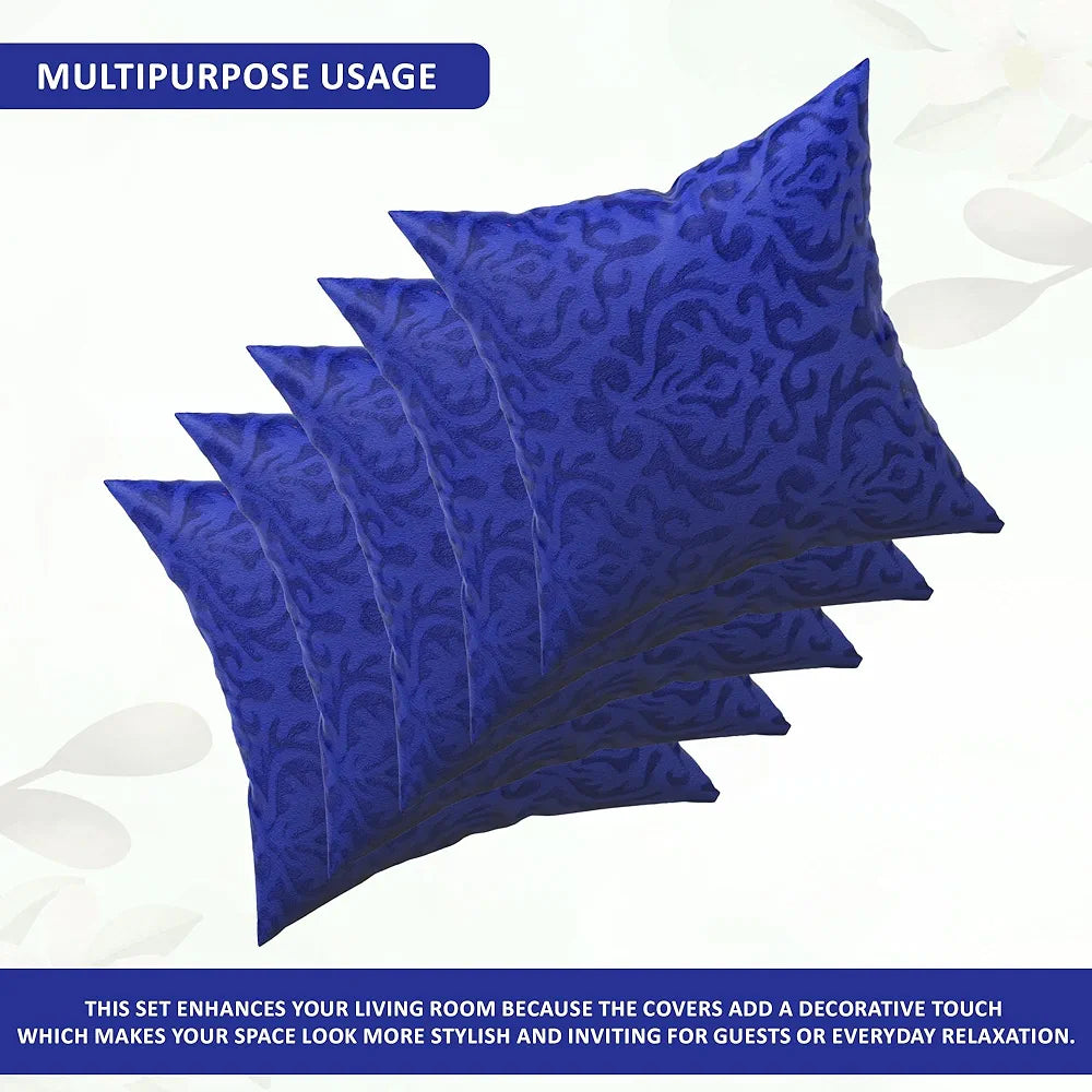 Kuber Industries Set of 5  Washable & Removable Velvet Sofa Pillow Covers with Zip | Soft Sofa Cushion Covers for Home & Bedroom Interiors | Floral Design - Royal Blue