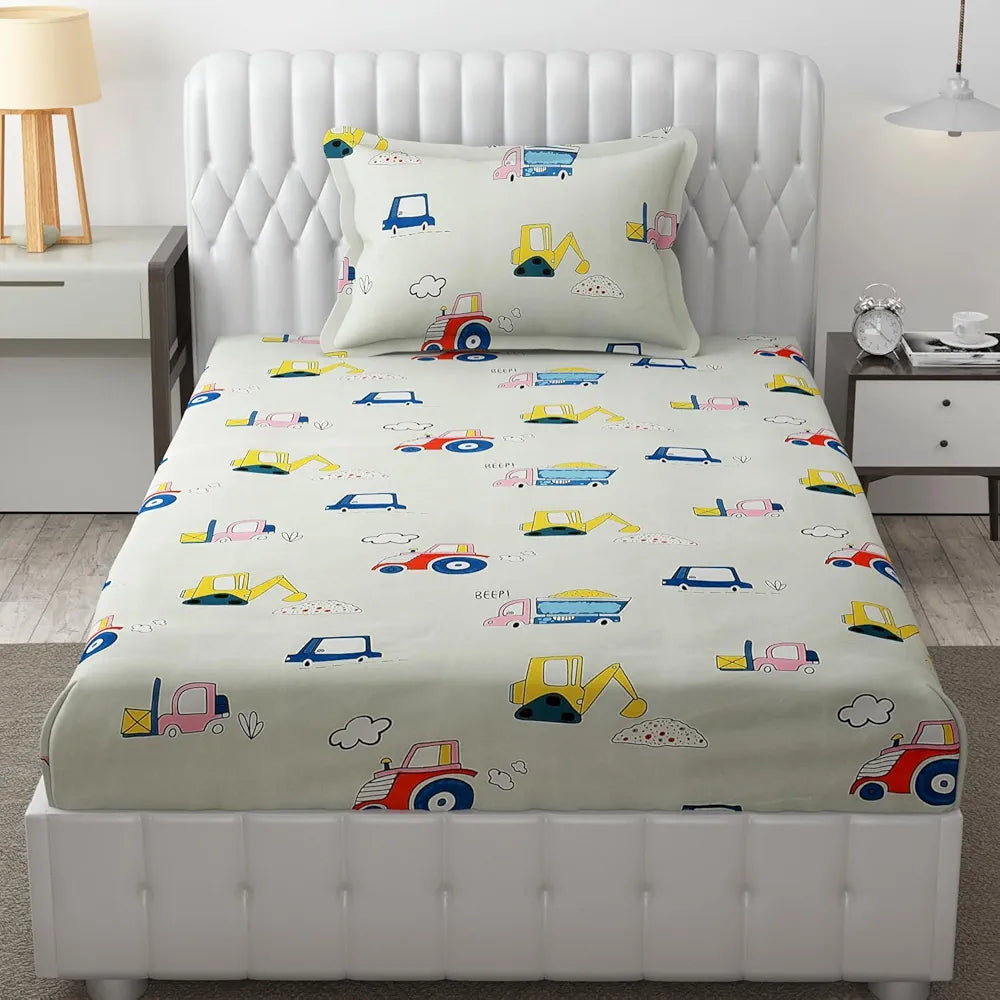 FRESH FROM LOOM Glace Cotton 300 tc Wrinkle Free Soft Hypoallergenic Elastic Fitted Bed Sheet With 1 Pillow Cover|Cartoon Printed |Cream), Smallsingle