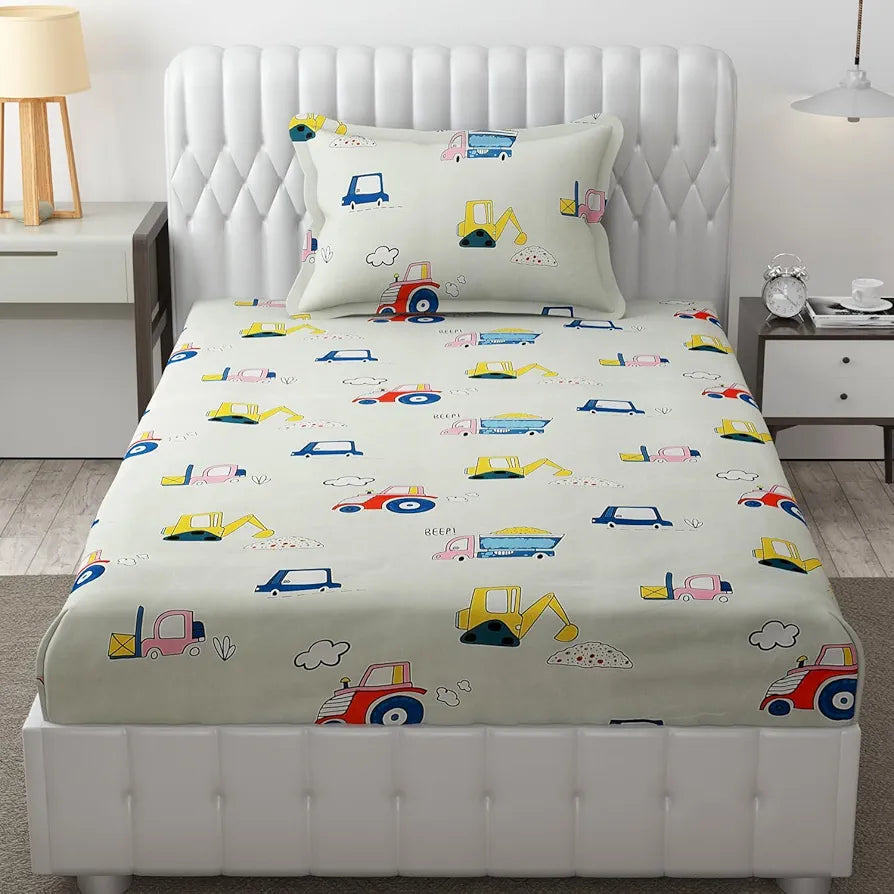 FRESH FROM LOOM Glace Cotton Wrinkle Free Soft Hypoallergenic Bed Sheet | Cartoon Printed | Single Bedsheet With One Pillow Cover Kids Bedsheet For Boys & Girls Room , 144 TC