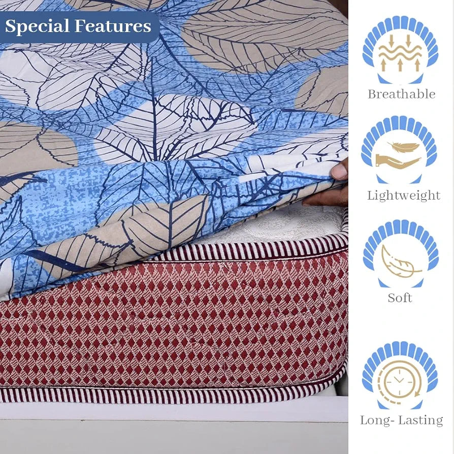 Divine Casa 144 TC Cotton Fitted Bedsheet for Double Bed with 2 Pillow Covers | Classy Leaf Print – Lichen Blue | Soft & Cozy | Elastic Fit for Queen Size Bed 60