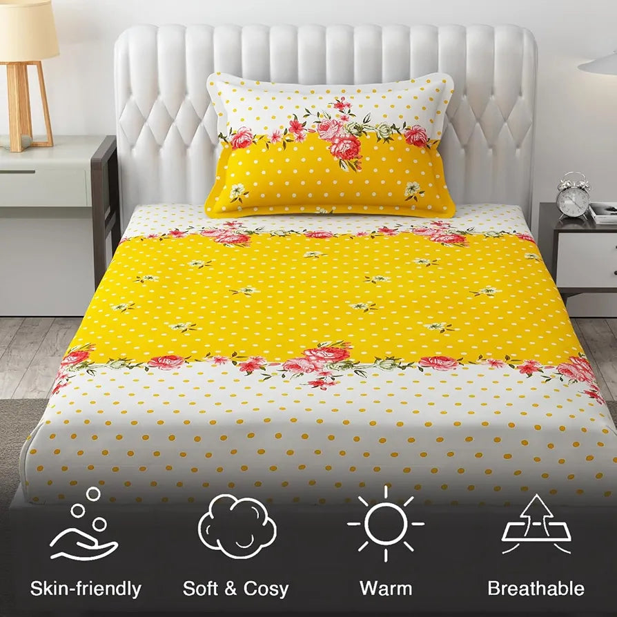 FRESH FROM LOOM Single Bedsheet Single Size - Microfiber Rotary Printed, Hypoallergenic, Wrinkle Free with 1 Pillow Covers , 144 TC
