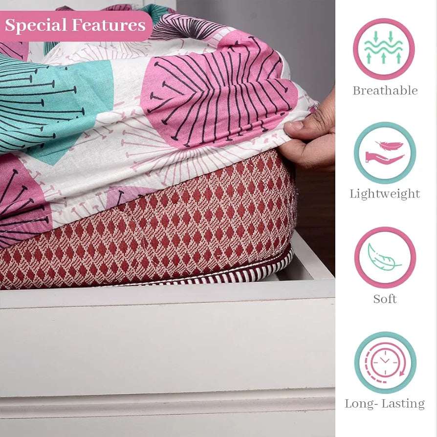 Divine Casa 100% Cotton 144 TC Floral Print Elastic Fitted Queen Size Double Bed Bedsheets with 2 Pillow Covers, Size - 60 x 78 Inches, Prism Pink