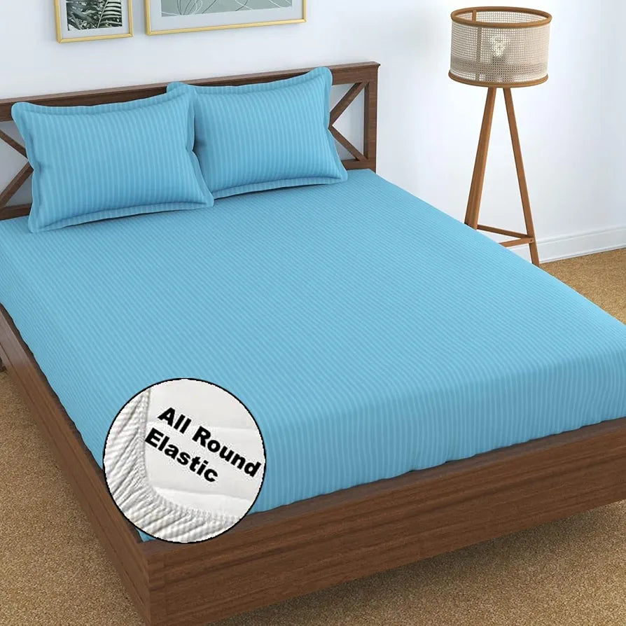 FRESH FROM LOOM Satin Striped Soft Fitted Bedsheet King Size Bed with Two Pillow Cover|Bed Covers for Mattresses Tuck in|Elastic Fitted Bed Sheets |,240 TC,Blue
