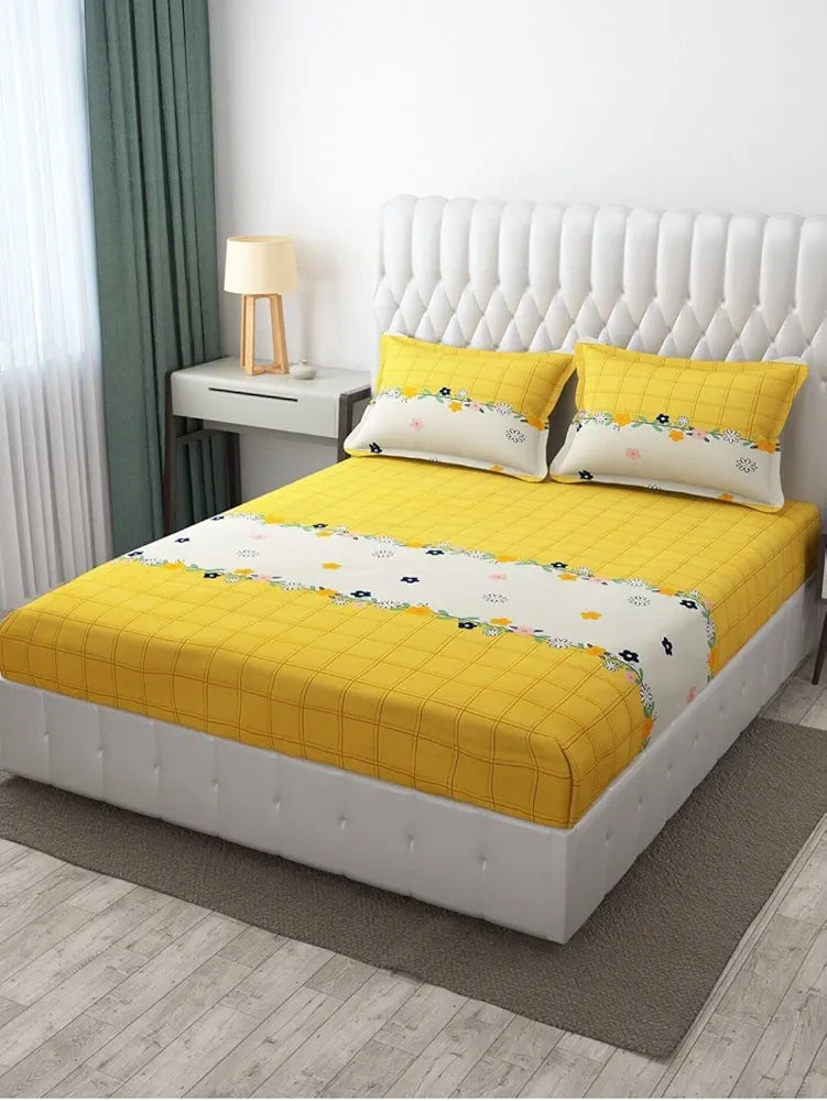 THE HOME STYLE Cotton Feel Glace Cotton Elastic Fitted Printed King Size Double Bed Bedsheet With 2 Pillow Cover,350 TC