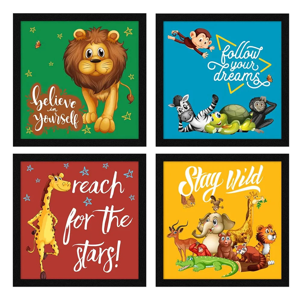 ArtX Set of 4 Cartoons Animals Kids Room Painting Wall Art, Decoration Items, Framed Paintings 20 X 20 inches, 10 X 10 each, Multicolor, Synthetic Wood, Set Of 4