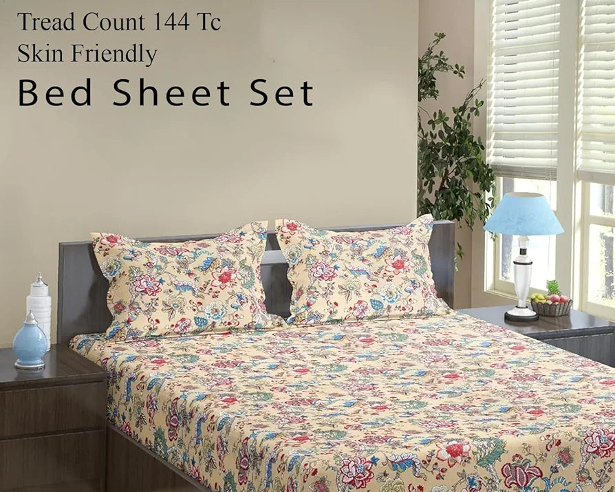 Trance Home Linen 144TC 100% Cotton Heritage Elastic Fitted Bedsheet with 2 Pillow Covers |Jaipuri Printed Artisan Block Design | Soft Hypo-Allergenic | 