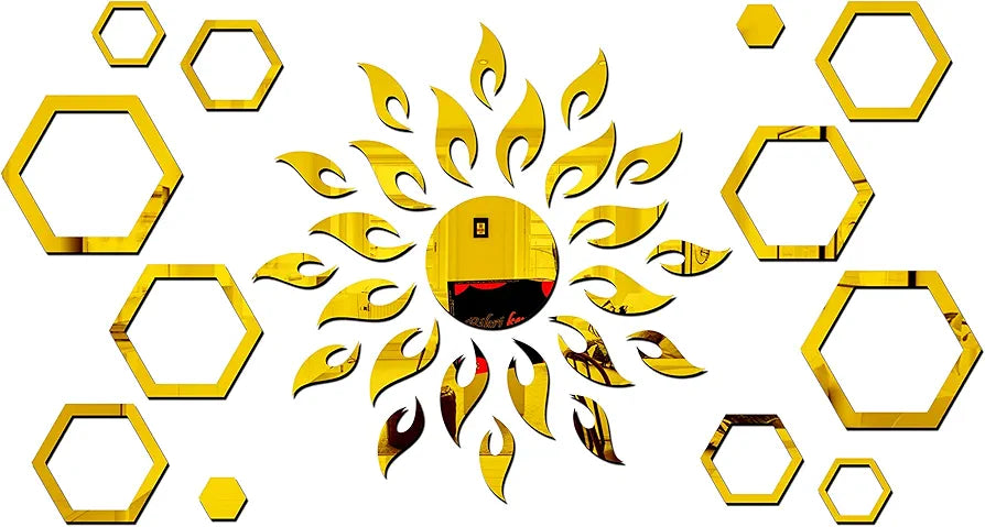 Bikri Kendra - Art BK71, Sun with Hexagon Ring 2 Set - 3D Acrylic Mirror Stickers for Wall 