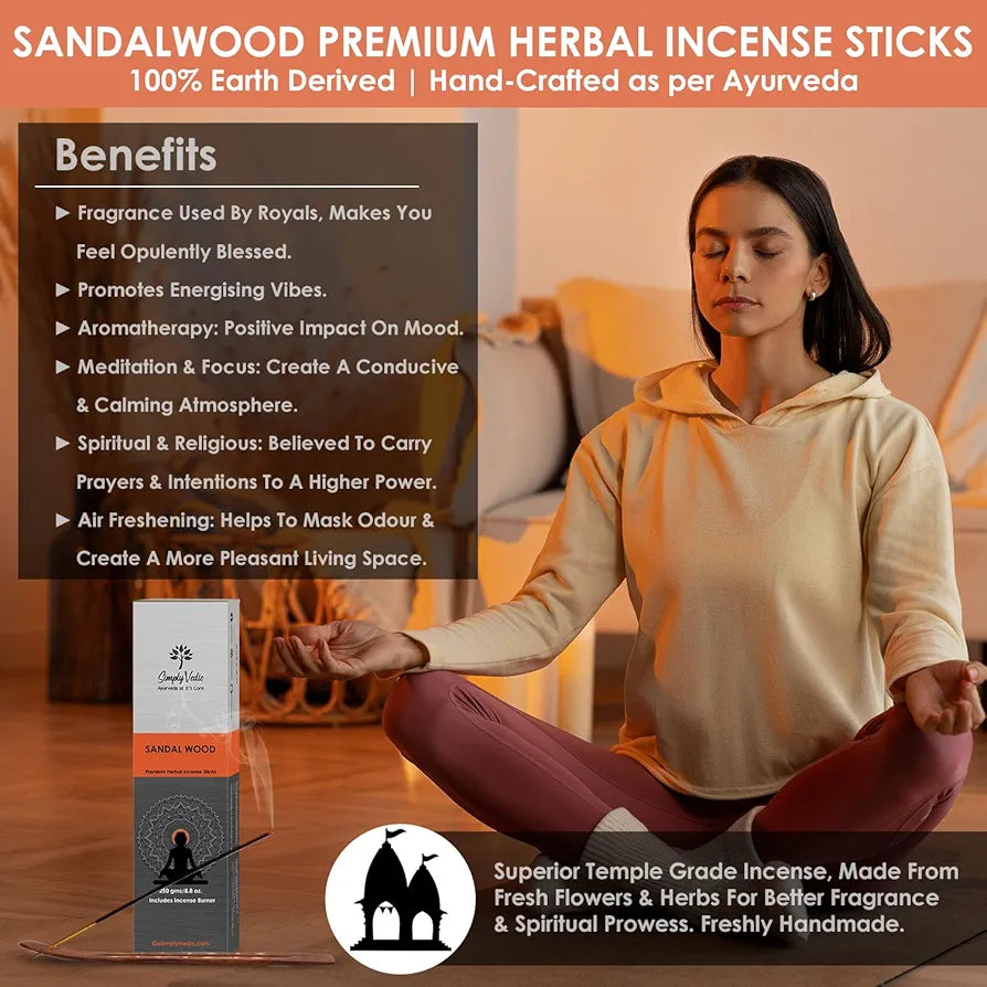 Simply Vedic Sandalwood Incense Sticks 250g  with Free Holder | 45 Min Burn | Natural Charcoal-Free Agarbatti for Meditation, Yoga, Aromatherapy, Relaxation