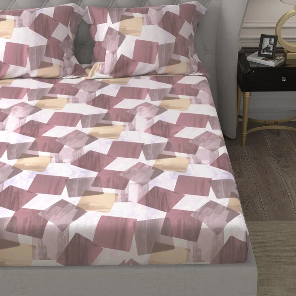 Cloth Fusion Glace Cotton Elastic 186tc Abstract Fitted Bedsheet for Double Bed King Size with 2 Pillow Covers, Soft Wrinkle Free Elastic Bedsheets for King Size Bed 