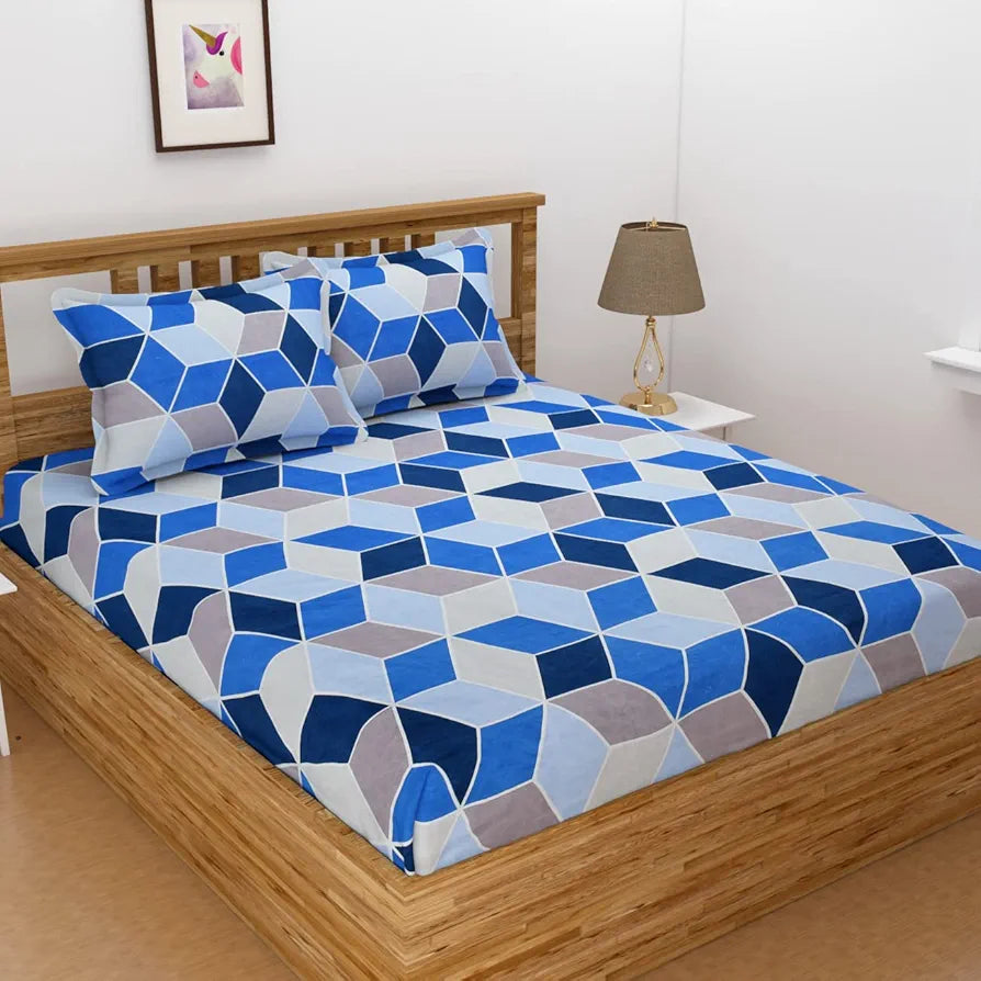 Homefab India 144 TC Microfiber Double Bedsheet with 2 Pillow Covers - Blue, Geometric