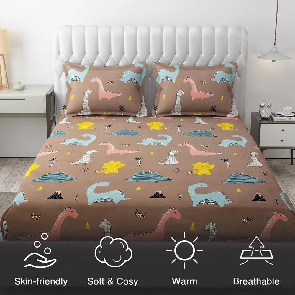 FRESH FROM LOOM Wrinkle Free Glace Cotton 300 TC Elastic Fitted Bedsheet For Kids With 2 Pillow Cover| Soft Skin Friendly|Anti Fade |Rosy/Dinosaur)