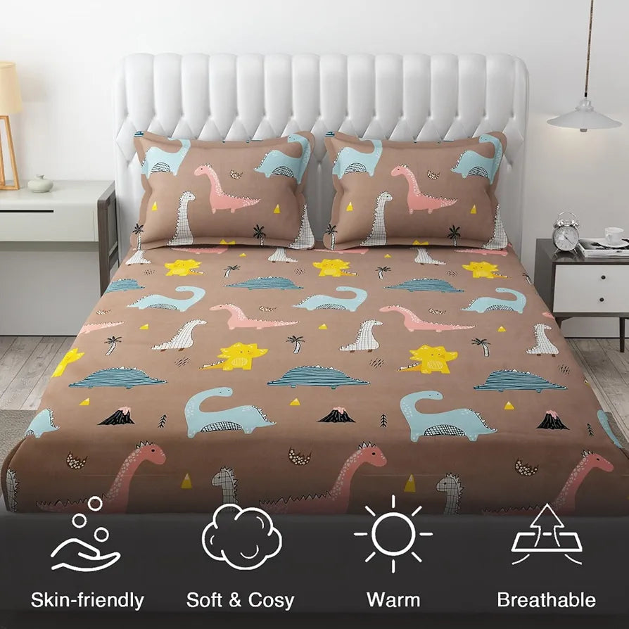 FRESH FROM LOOM Wrinkle Free Glace Animal Print Cotton Bedsheet for Kids with 2 Pillow Cover| Soft Skin Friendly | Anti Fade , 144 TC