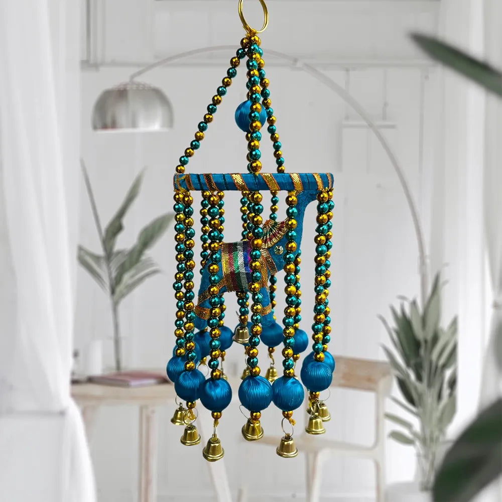 Kuber Industries Rajasthani Traditional Windchimes|Hanging Ring Elephants with Bells|Polyester Handcrafted Latkan|Decorative Door Hanging Latkan 