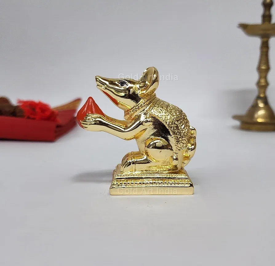 Gold Art India Gold-Plated Mushak  Mouse Pair with Modak | Orange Terracotta Finish | Mouse Idol | Vehicle  of Lord Ganesha | 2.5 Inch Height | Mandir 