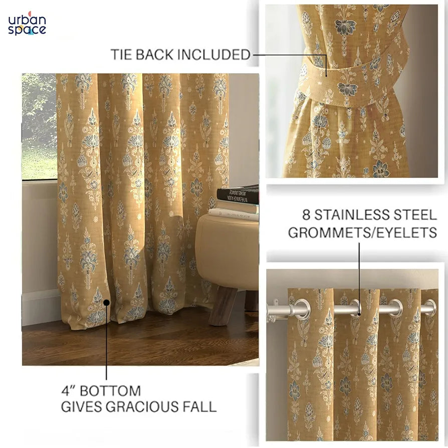 Urban Space Blackout Curtains 7 Feet Set of 2 for Door, 80-85% Light Blocking Curtains for Living Room, Digital Printed Curtains with Eyelets, Tieback Included 