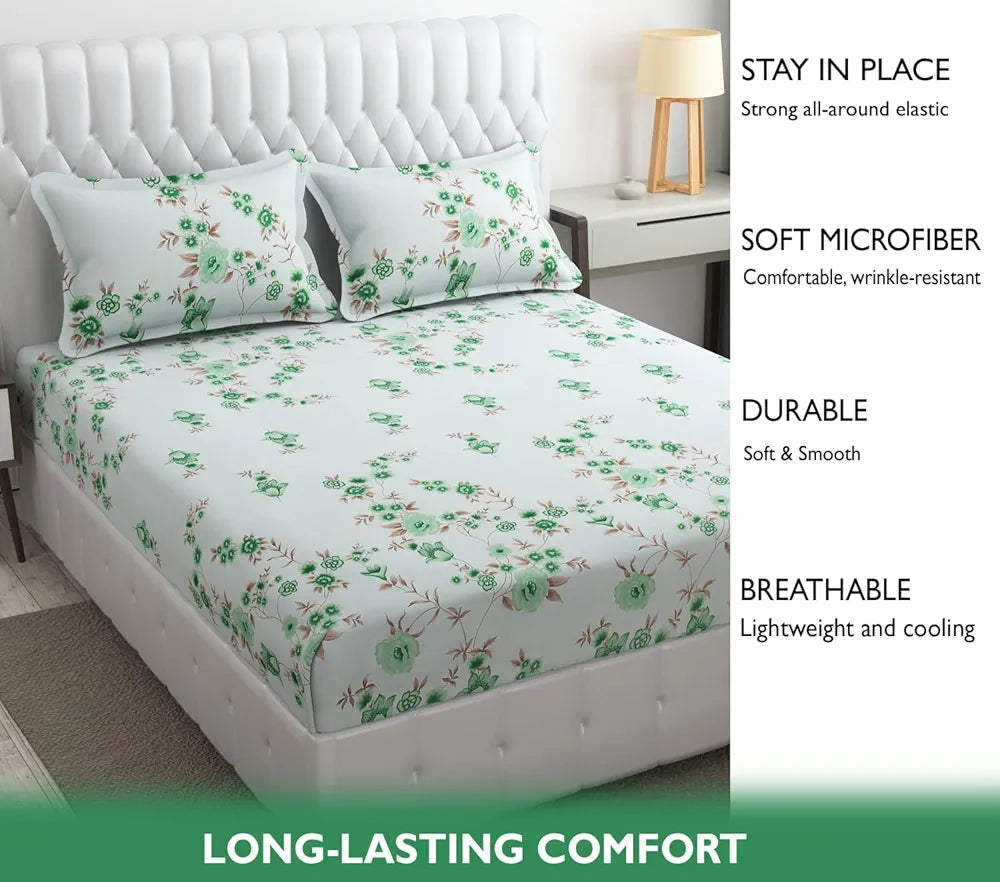 Fresh From Loom Floral Print 240 TC Microfiber Fitted King Size Bedsheet Set with 2 Pillow Cover - Hypoallergenic & Soft  | Cyan, Floral Design)
