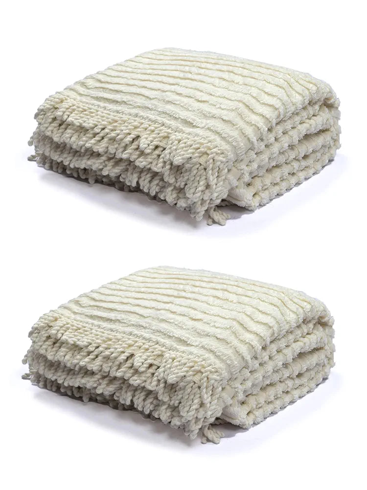 Saral Home BARKHA Stripe Cotton 1 Seater Sofa Throw, Ivory.140x125 cm
