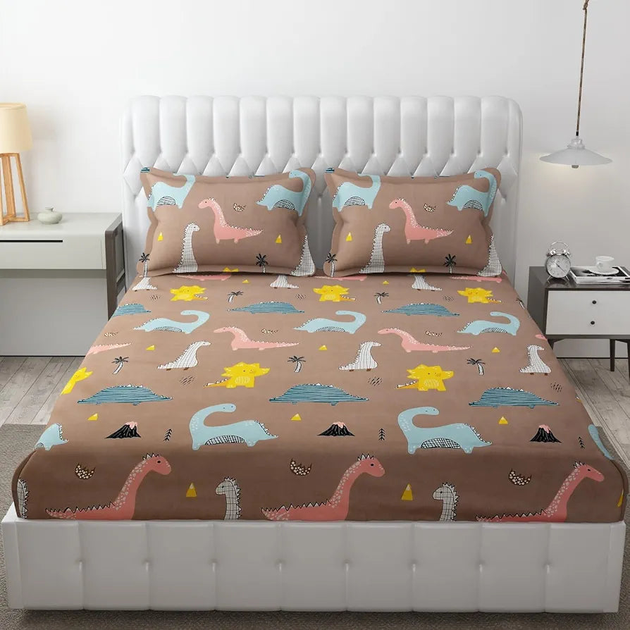 FRESH FROM LOOM Wrinkle Free Glace Animal Print Cotton Bedsheet for Kids with 2 Pillow Cover| Soft Skin Friendly | Anti Fade , 144 TC