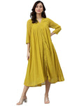 Janasya Women's Mustard Poly Chiffon Self Design Frontslit Dress