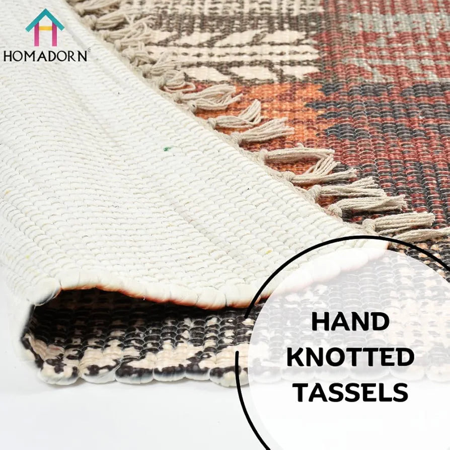 HOMADORN Handmade Sustainable Printed Modern Dhurrie/Rugs/Carpet Upcycled from Fabric for Living Room/Bedside Runner for Enhanced Décor 