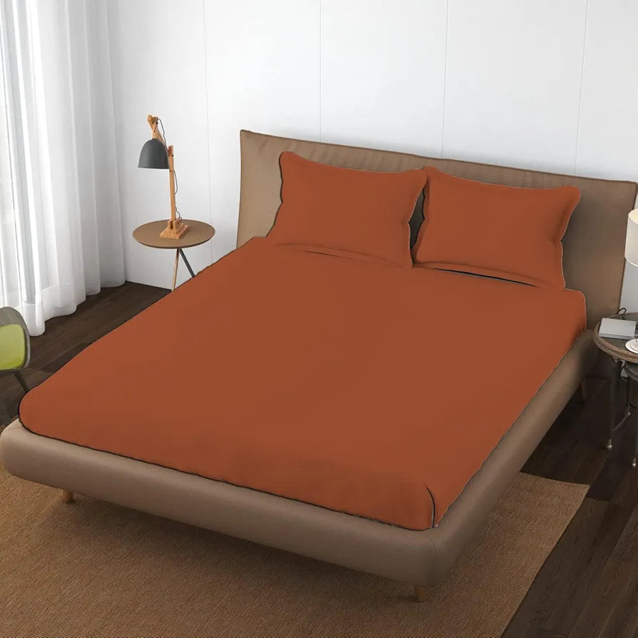 Trance Home Linen 100% Cotton 78 x 60 inch Queen Elastic Fitted Bedsheet | 400TC Premium Queen Double Bed Size Plain Fitted Elastic Bed Sheet with 2 Pillow Covers 