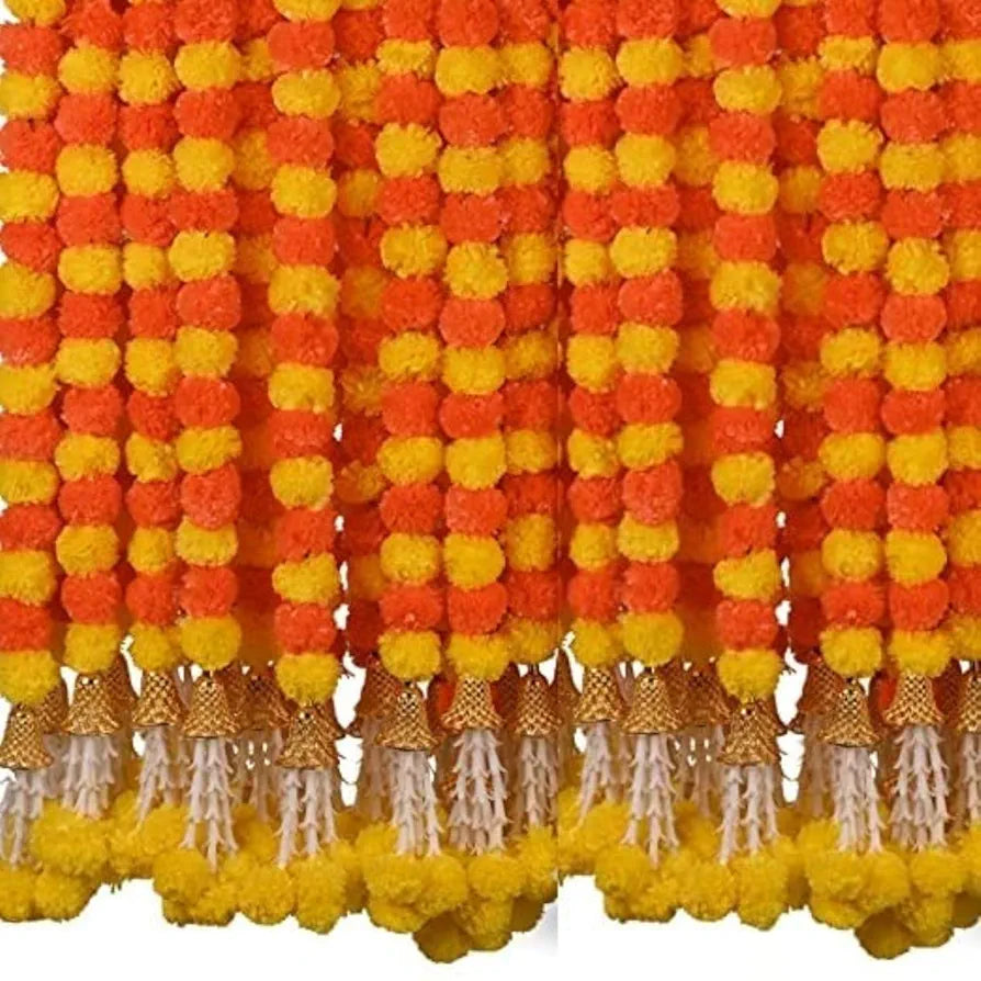Divyakosh Artificial Marigold Garlands with Bells & Rajnigandha,Pack of 5 Strings, Export Quality -Perfect for Home Décor; Relgious Festival-Diwali/Ganpati/Pooja Décor,Door Décoration, 60Inches