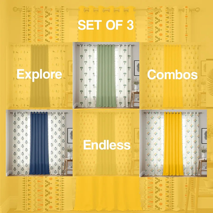 Urban Space Geometric 100% Cotton Curtains For Door, Set Of 3 Curtains 7 Feet Long, 60-65% Room Darkening Curtain, Tieback & Eyelets Included With Curtains For Home Decor 