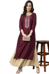 Janasya Women's Wine Poly Silk Solid Straight Kurta