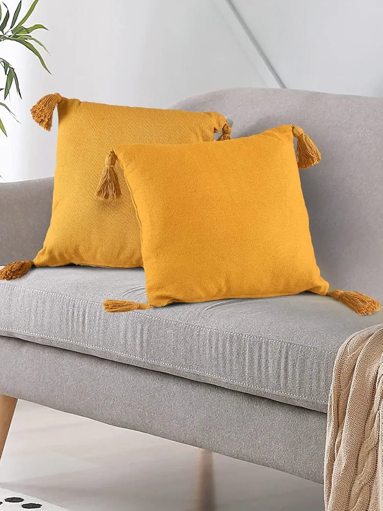 SASHAA WORLD 100% Cotton Cushion Covers with Tassels/Decorative Throw Pillow Set of 2 